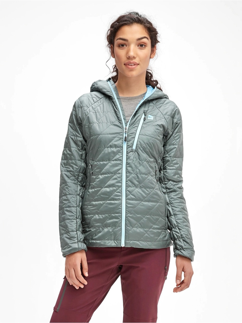 MEC Women's Light Teal Quilted Hooded versatile packable Utility Jacket